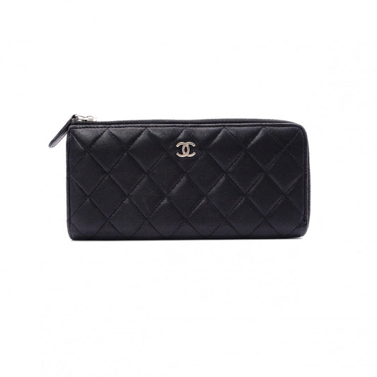 CHANEL Lambskin Matelassé Long Wallet, Leather, Black, L-Zip, Wallet, Silver Hardware