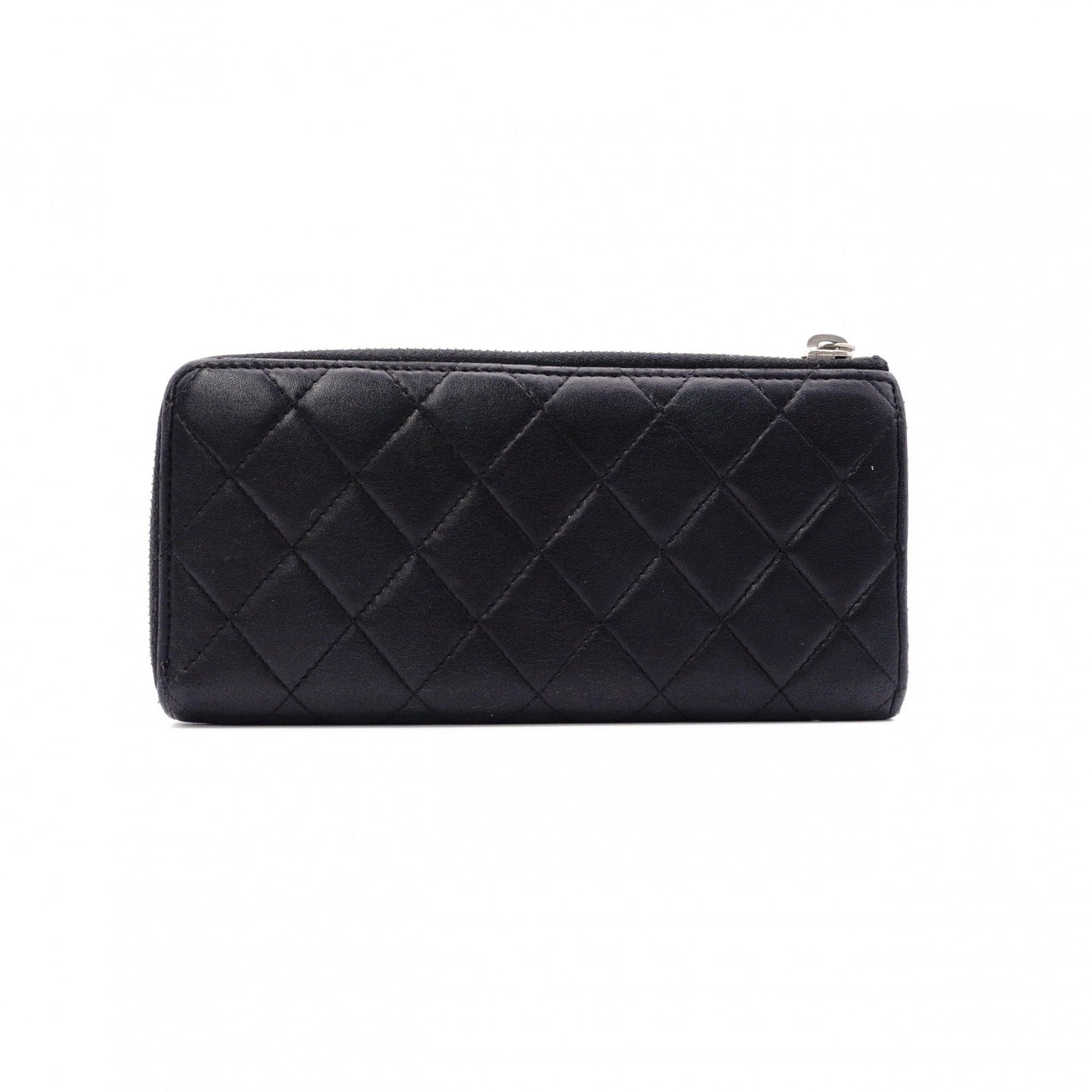 CHANEL Lambskin Matelassé Long Wallet, Leather, Black, L-Zip, Wallet, Silver Hardware