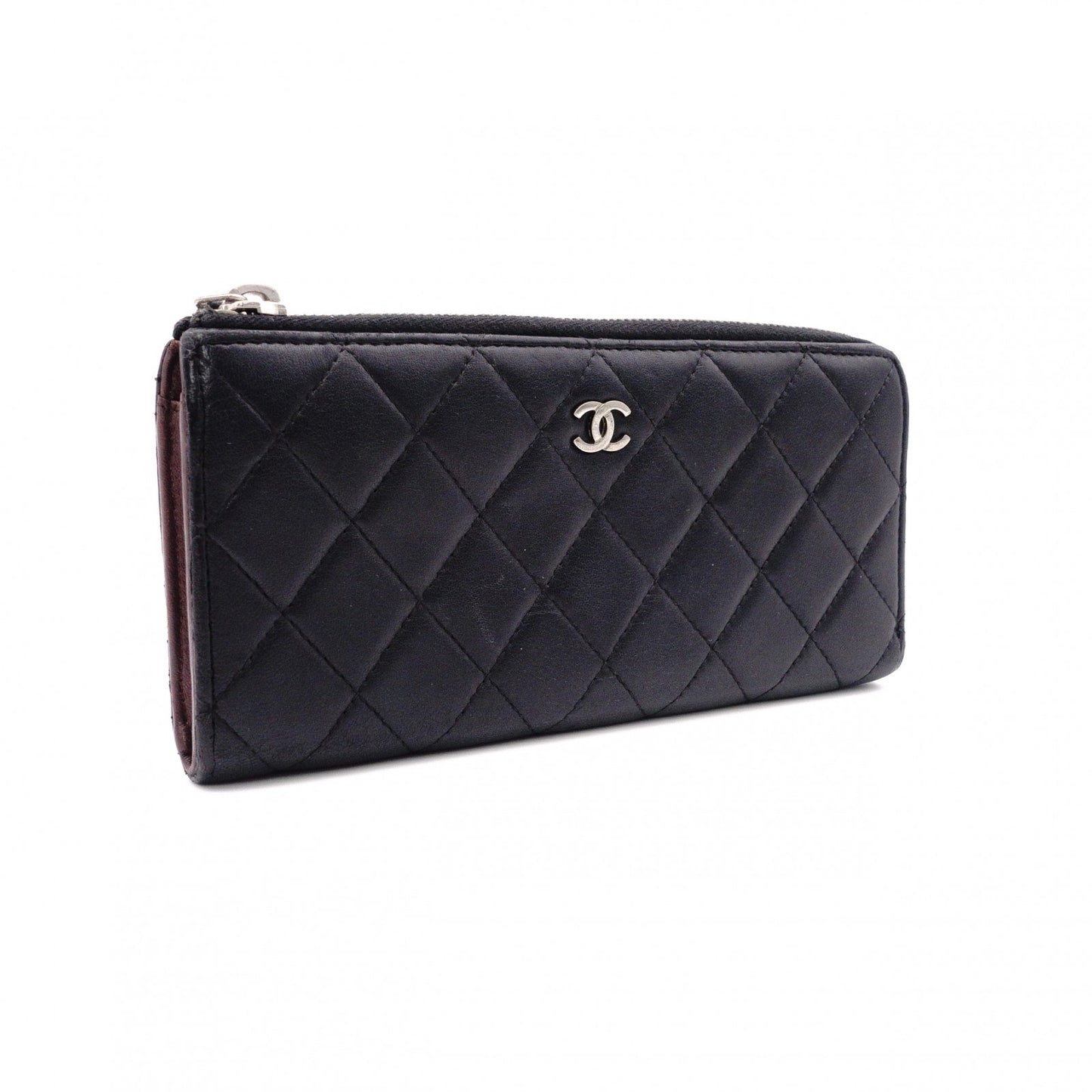CHANEL Lambskin Matelassé Long Wallet, Leather, Black, L-Zip, Wallet, Silver Hardware