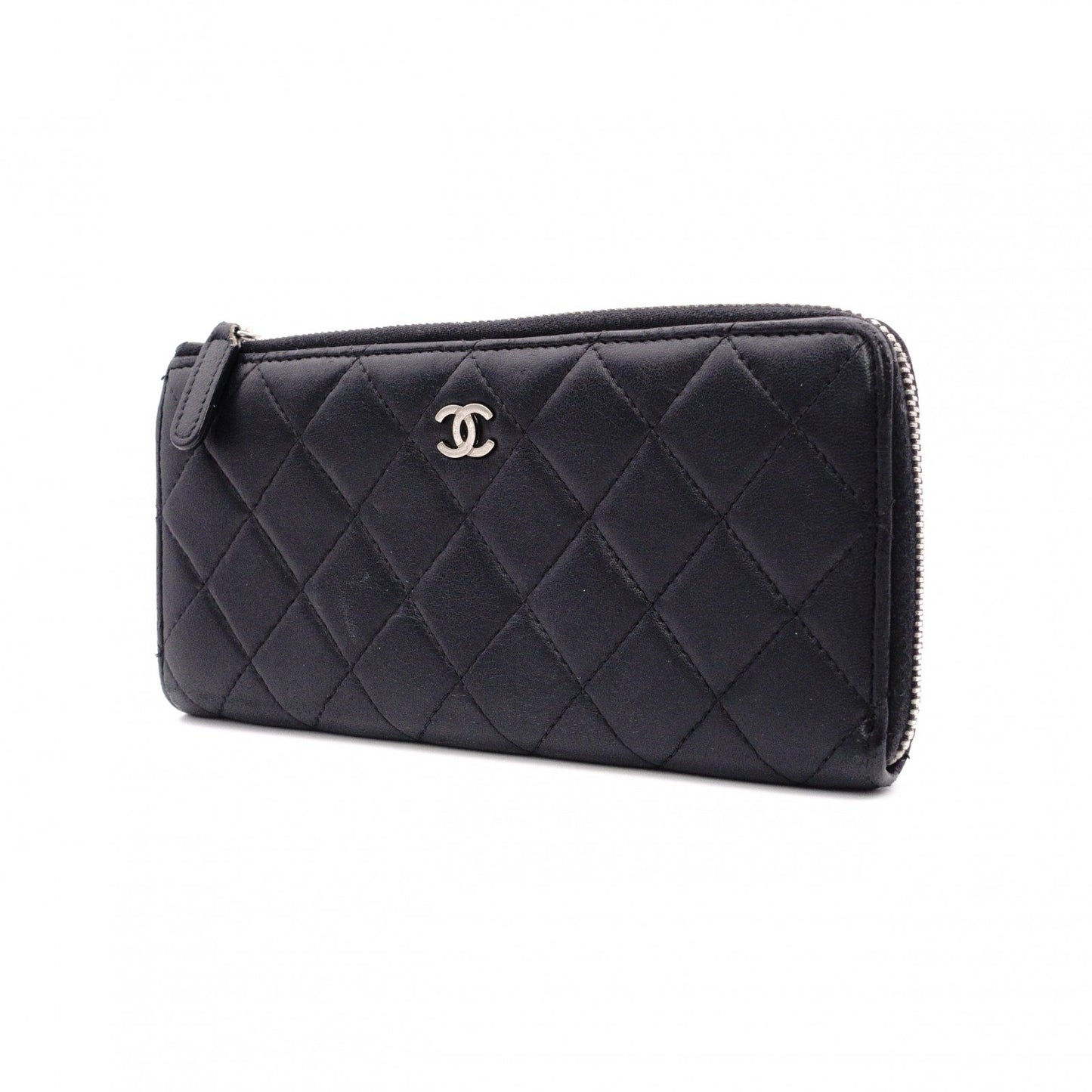 CHANEL Lambskin Matelassé Long Wallet, Leather, Black, L-Zip, Wallet, Silver Hardware