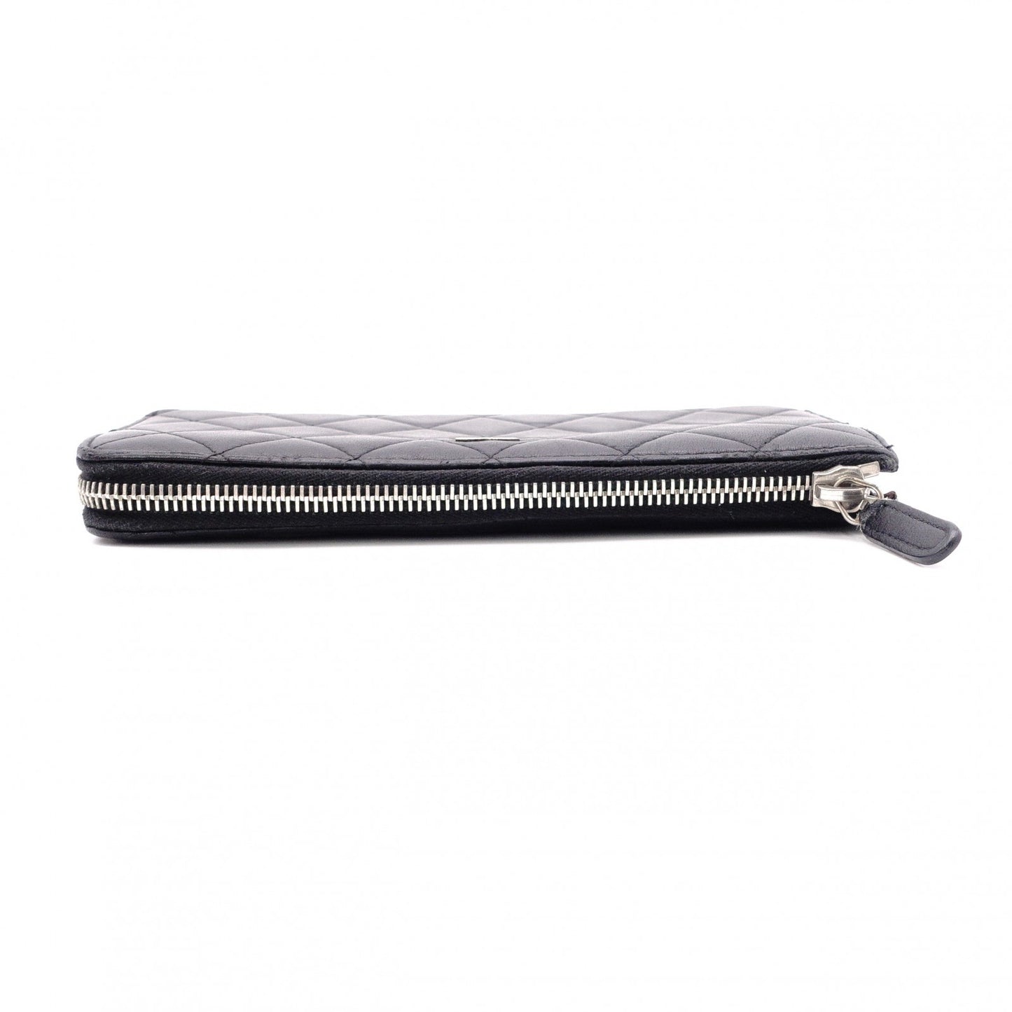 CHANEL Lambskin Matelassé Long Wallet, Leather, Black, L-Zip, Wallet, Silver Hardware