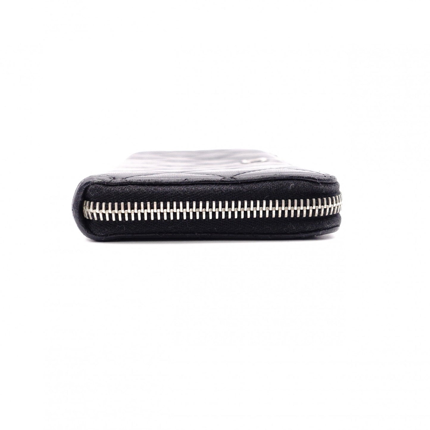 CHANEL Lambskin Matelassé Long Wallet, Leather, Black, L-Zip, Wallet, Silver Hardware