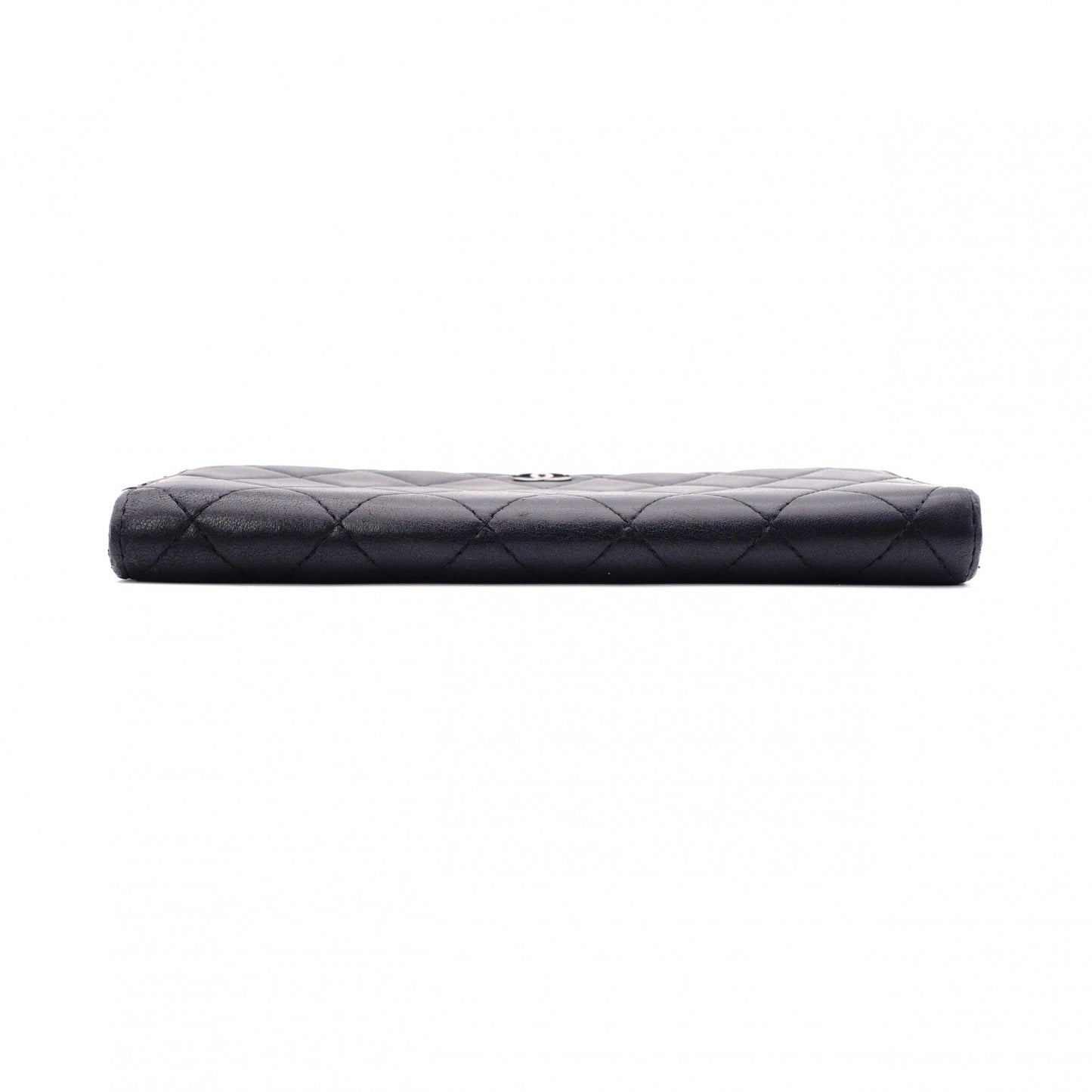 CHANEL Lambskin Matelassé Long Wallet, Leather, Black, L-Zip, Wallet, Silver Hardware