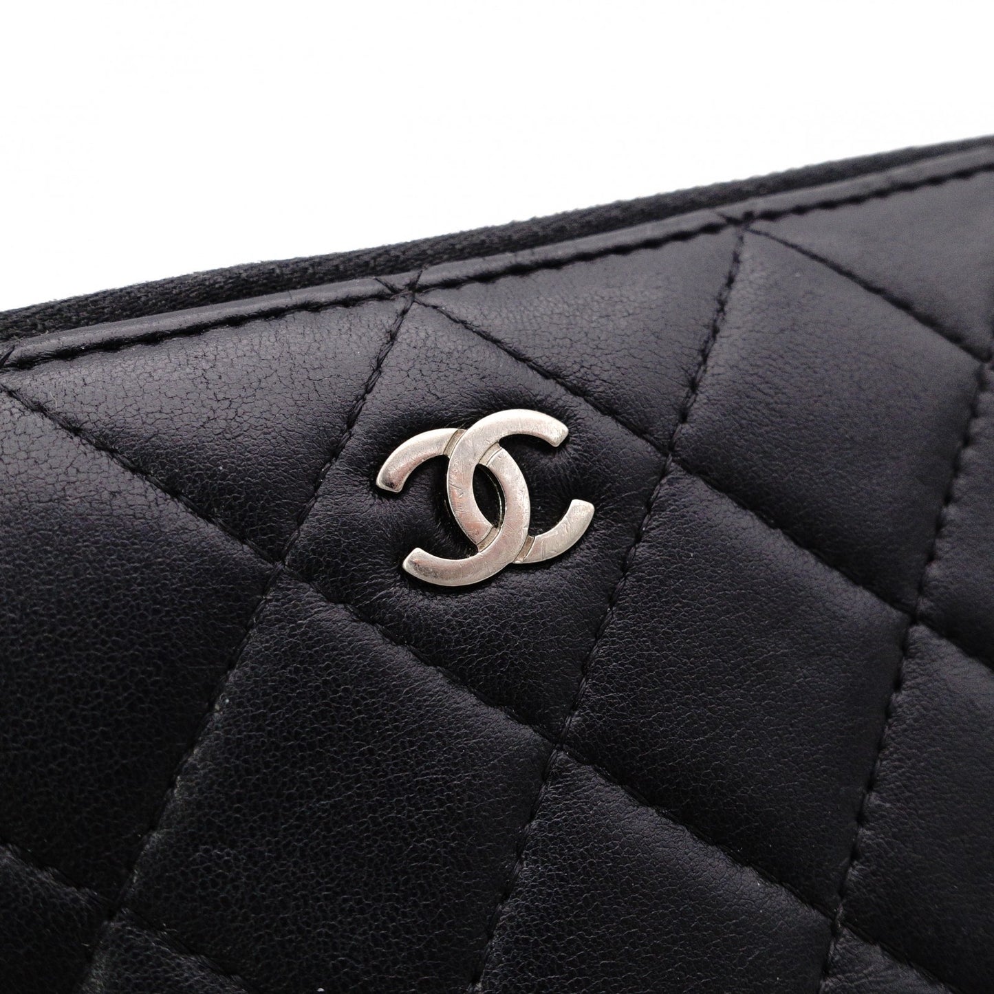 CHANEL Lambskin Matelassé Long Wallet, Leather, Black, L-Zip, Wallet, Silver Hardware