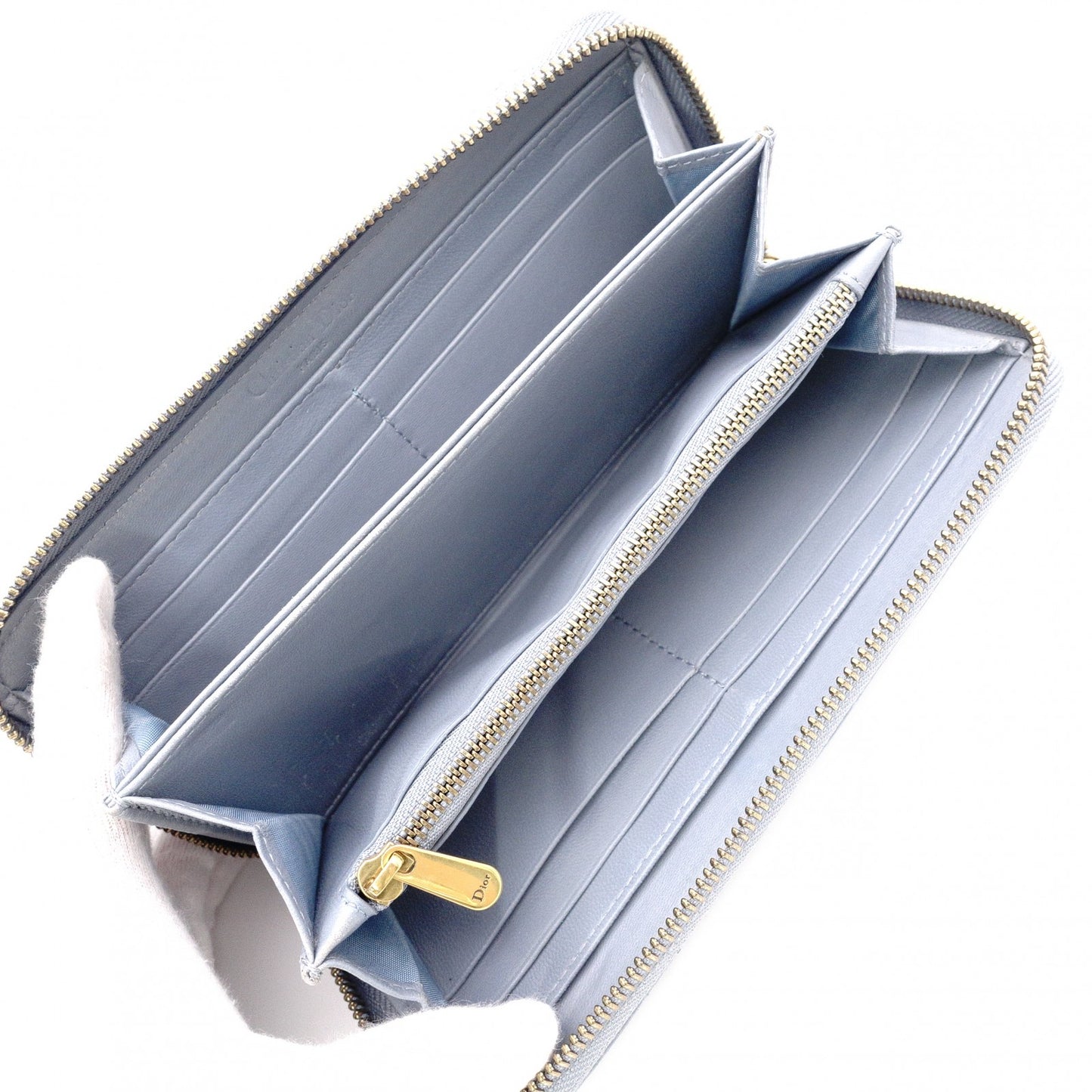 Christian Dior Diamante Stud Long Wallet, Leather, Blue, Gold Hardware