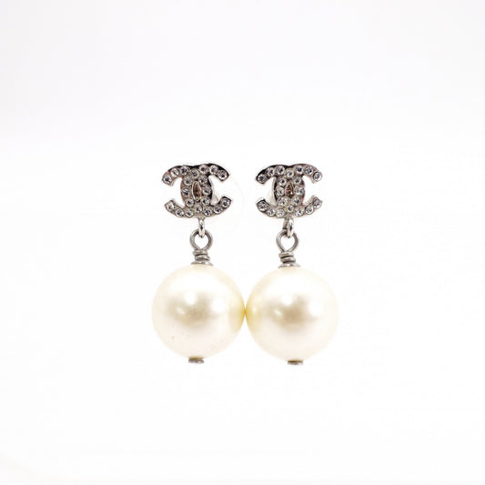 CHANEL Coco Logo Drop Pearl Earrings, Metal, Faux Pearls, Silver