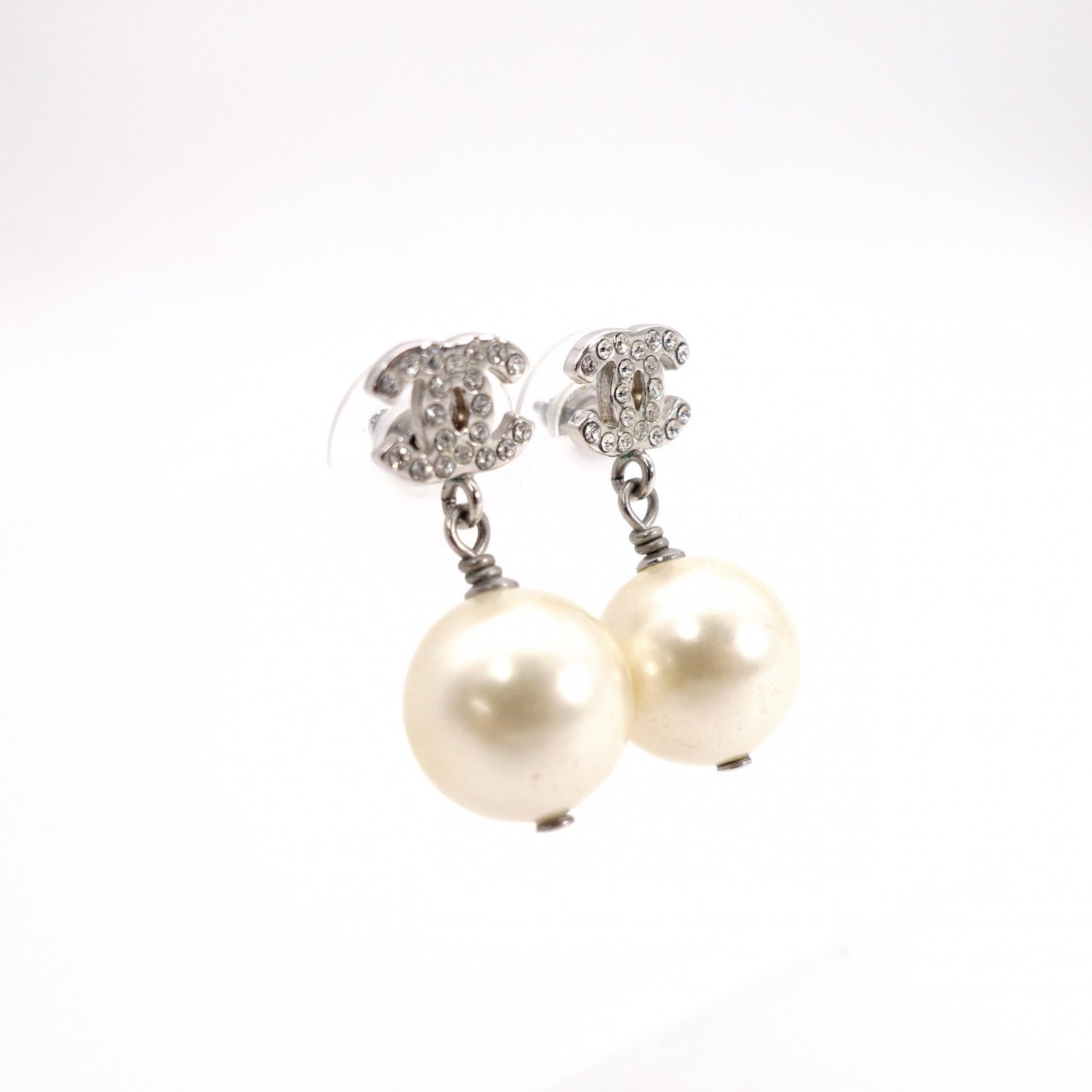 CHANEL Coco Logo Drop Pearl Earrings, Metal, Faux Pearls, Silver