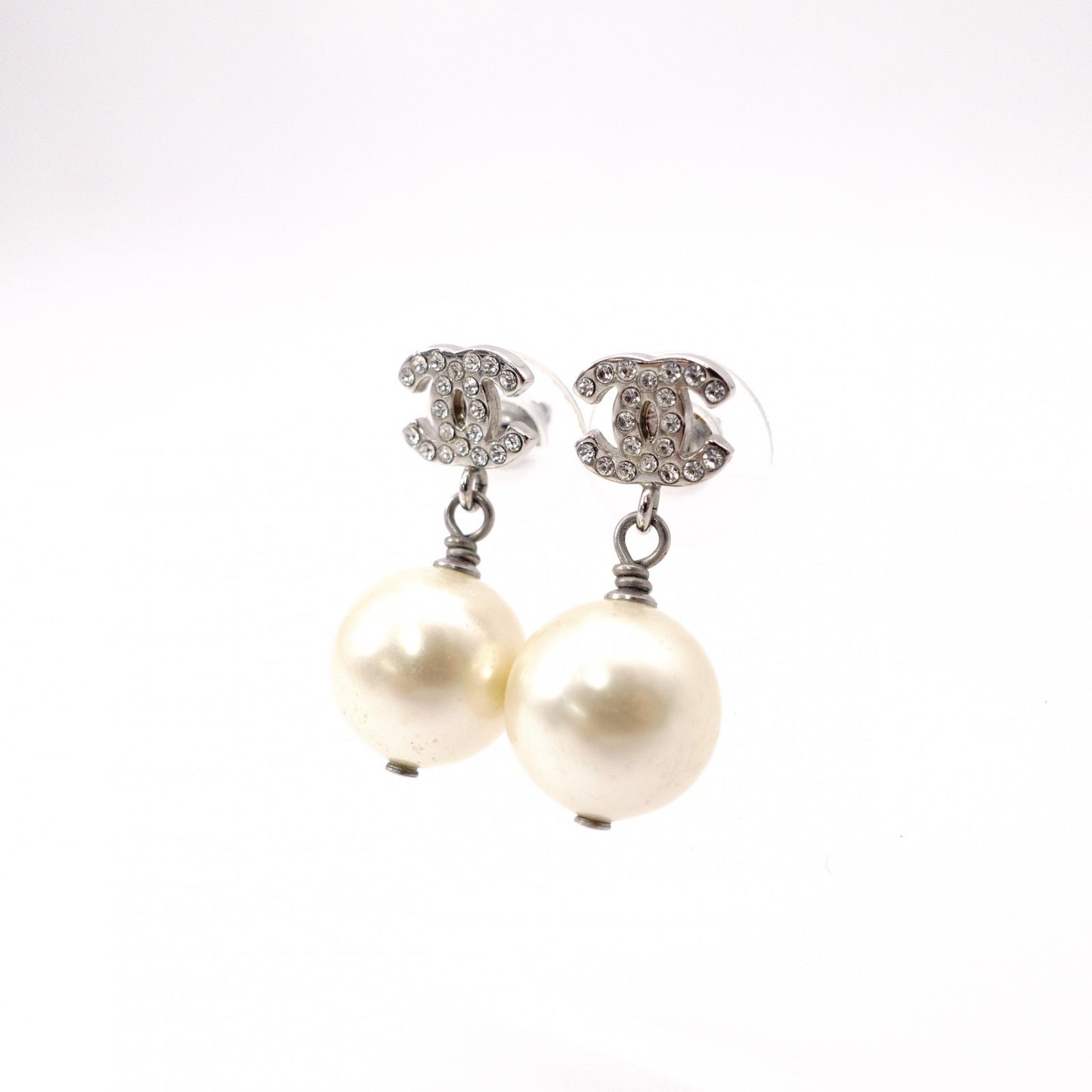 CHANEL Coco Logo Drop Pearl Earrings, Metal, Faux Pearls, Silver