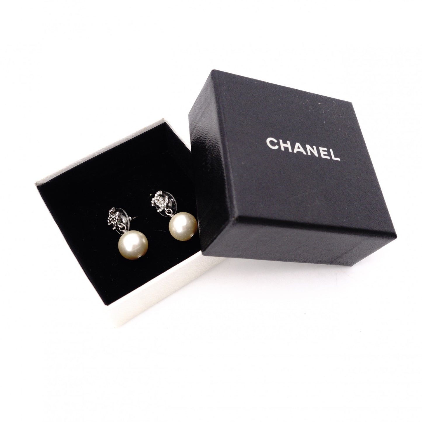 CHANEL Coco Logo Drop Pearl Earrings, Metal, Faux Pearls, Silver