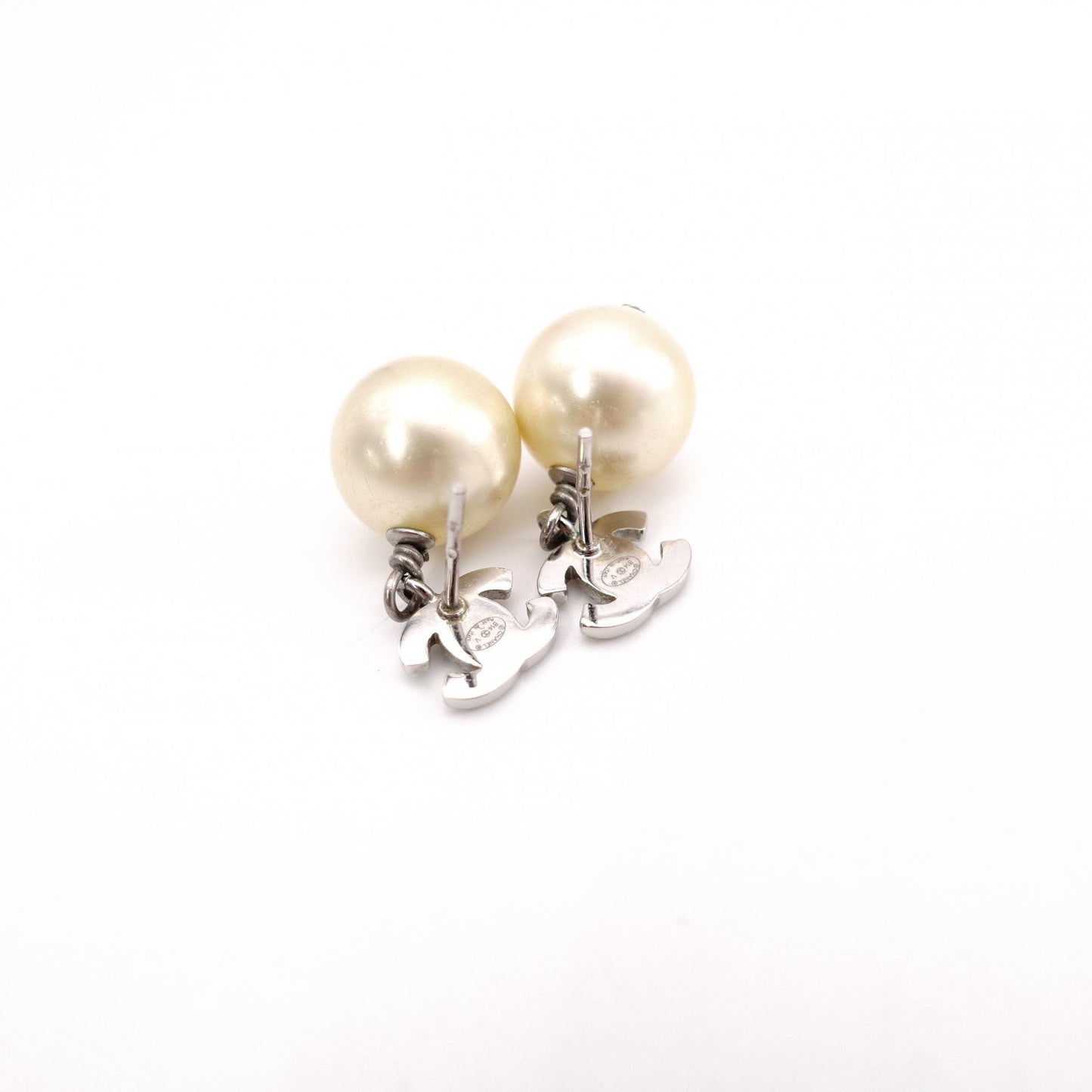 CHANEL Coco Logo Drop Pearl Earrings, Metal, Faux Pearls, Silver