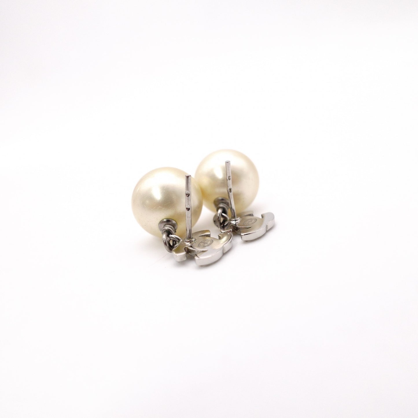 CHANEL Coco Logo Drop Pearl Earrings, Metal, Faux Pearls, Silver