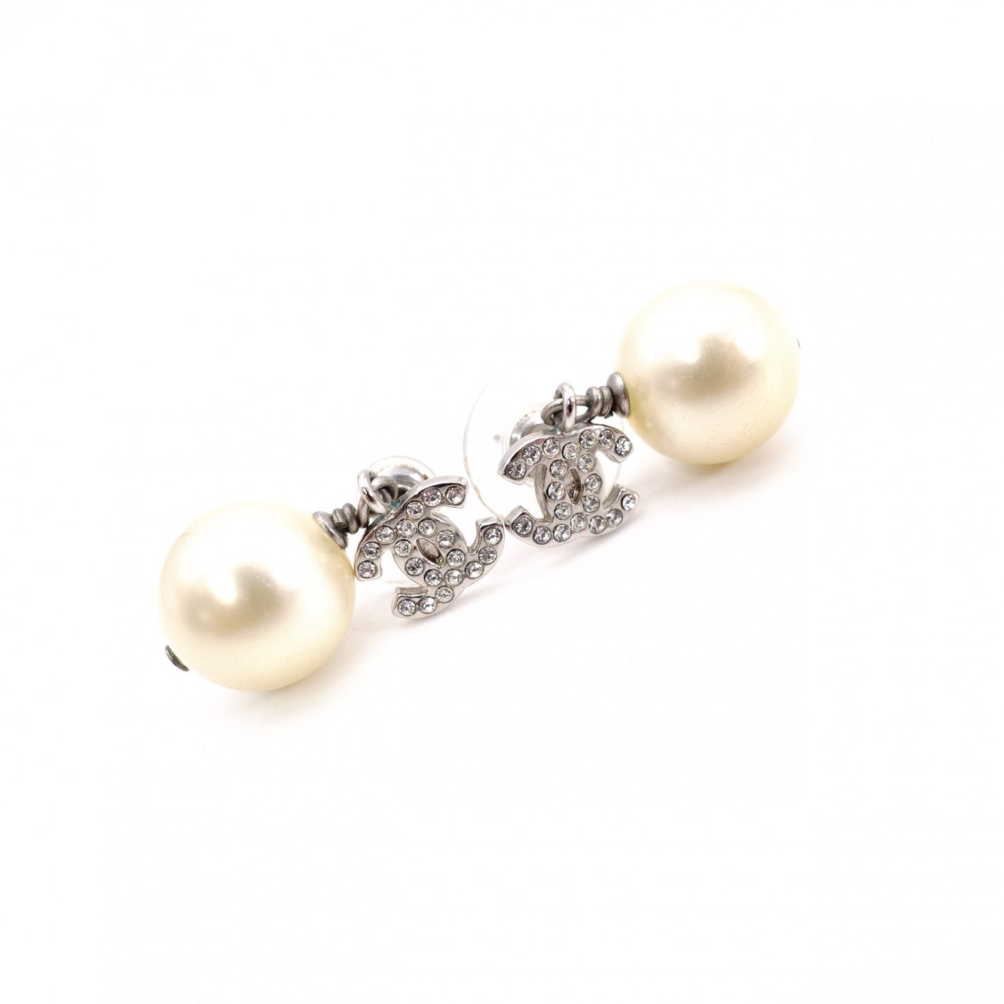 CHANEL Coco Logo Drop Pearl Earrings, Metal, Faux Pearls, Silver