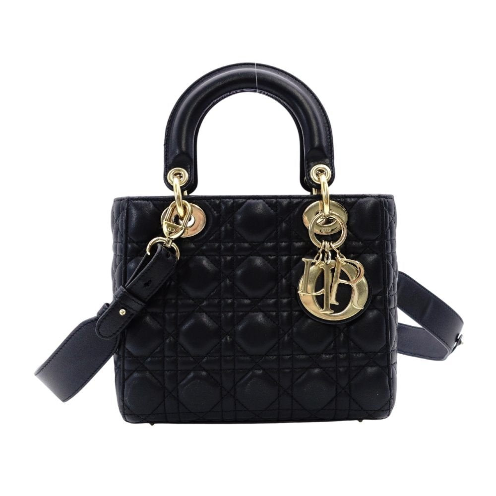 DIOR My Lady Dior Black Leather Handbag 2-Way Black Shoulder Canage Gold Hardware 7-12-849