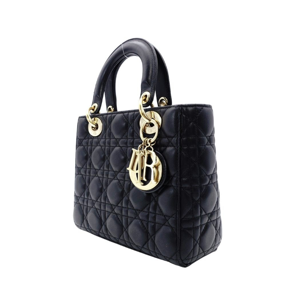 DIOR My Lady Dior Black Leather Handbag 2-Way Black Shoulder Canage Gold Hardware 7-12-849