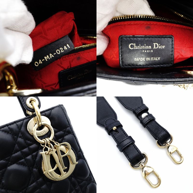 DIOR My Lady Dior Black Leather Handbag 2-Way Black Shoulder Canage Gold Hardware 7-12-849