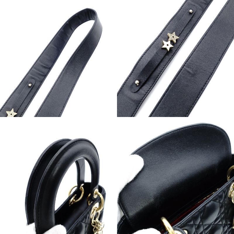 DIOR My Lady Dior Black Leather Handbag 2-Way Black Shoulder Canage Gold Hardware 7-12-849