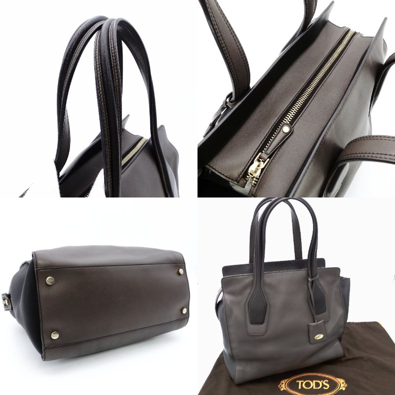 Tod's Ava Tote Bag Leather Brown Two-Tone Shoulder Bag with Charm 7-10-969