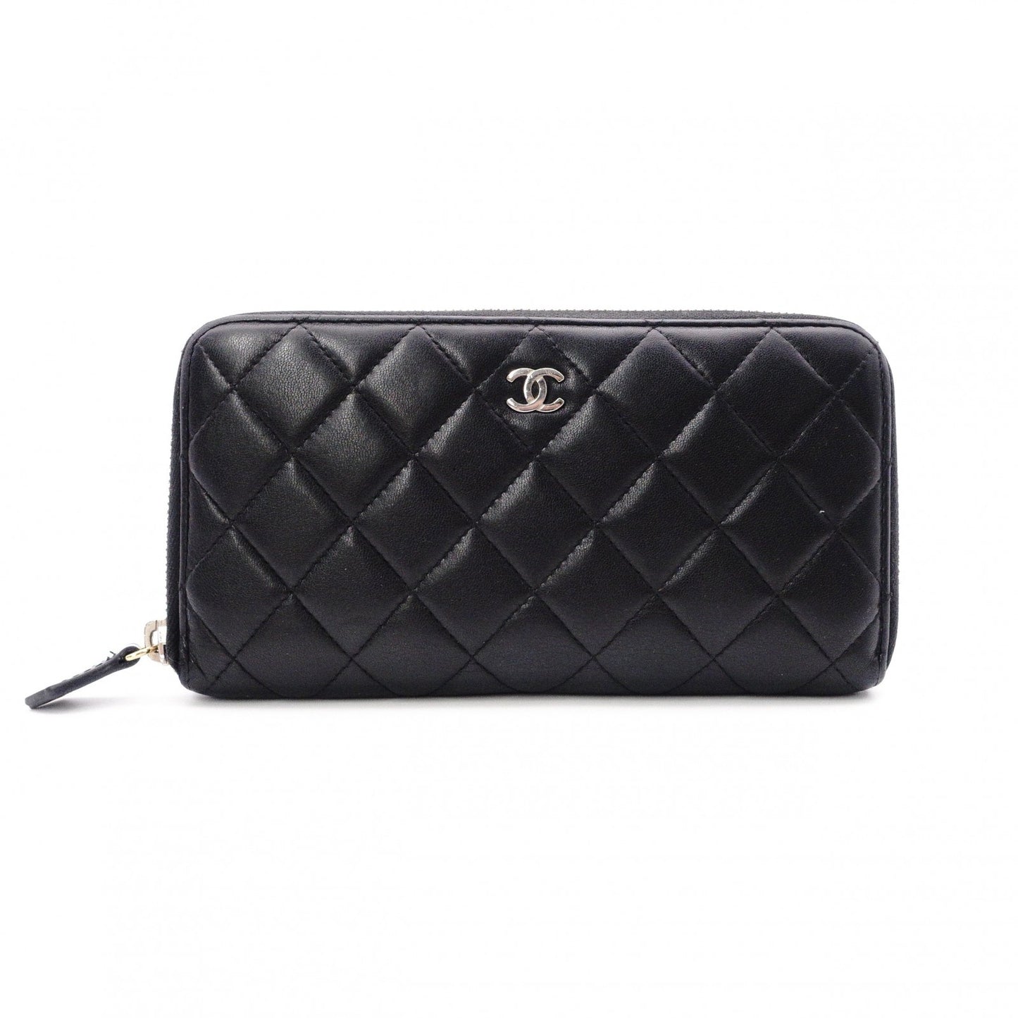 CHANEL Lambskin Coco Logo Matelassé Long Wallet, Leather, Black, Pull (Non-Genuine), Silver Hardware