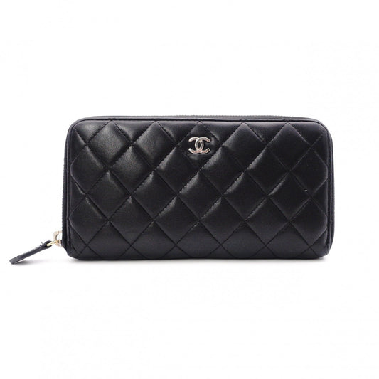 CHANEL Lambskin Coco Logo Matelassé Long Wallet, Leather, Black, Pull (Non-Genuine), Silver Hardware
