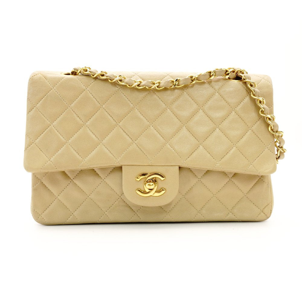 CHANEL Matelassé Double Flap Medium Size Beige Chain Shoulder Bag Leather Lambskin Gold Hardware 7-12-005