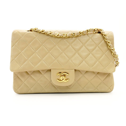 CHANEL Matelassé Double Flap Medium Size Beige Chain Shoulder Bag Leather Lambskin Gold Hardware 7-12-005