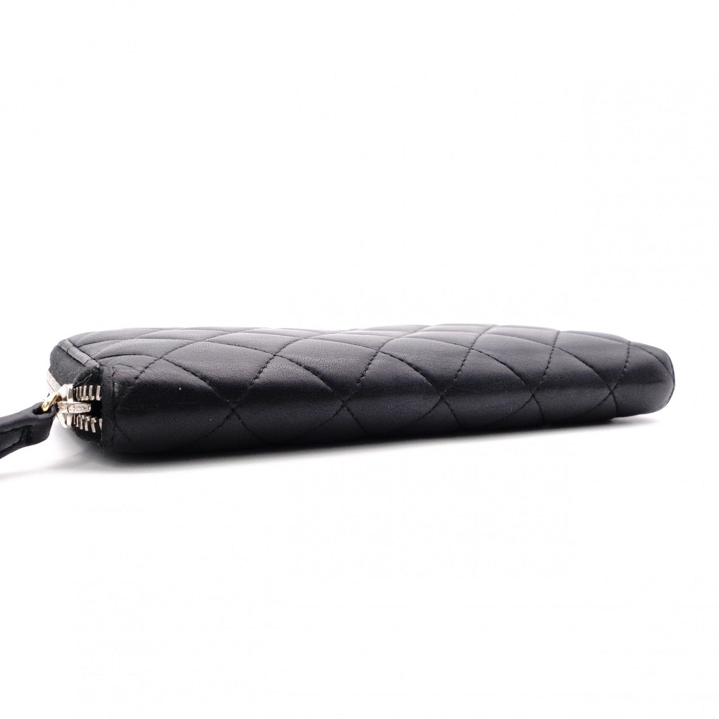 CHANEL Lambskin Coco Logo Matelassé Long Wallet, Leather, Black, Pull (Non-Genuine), Silver Hardware