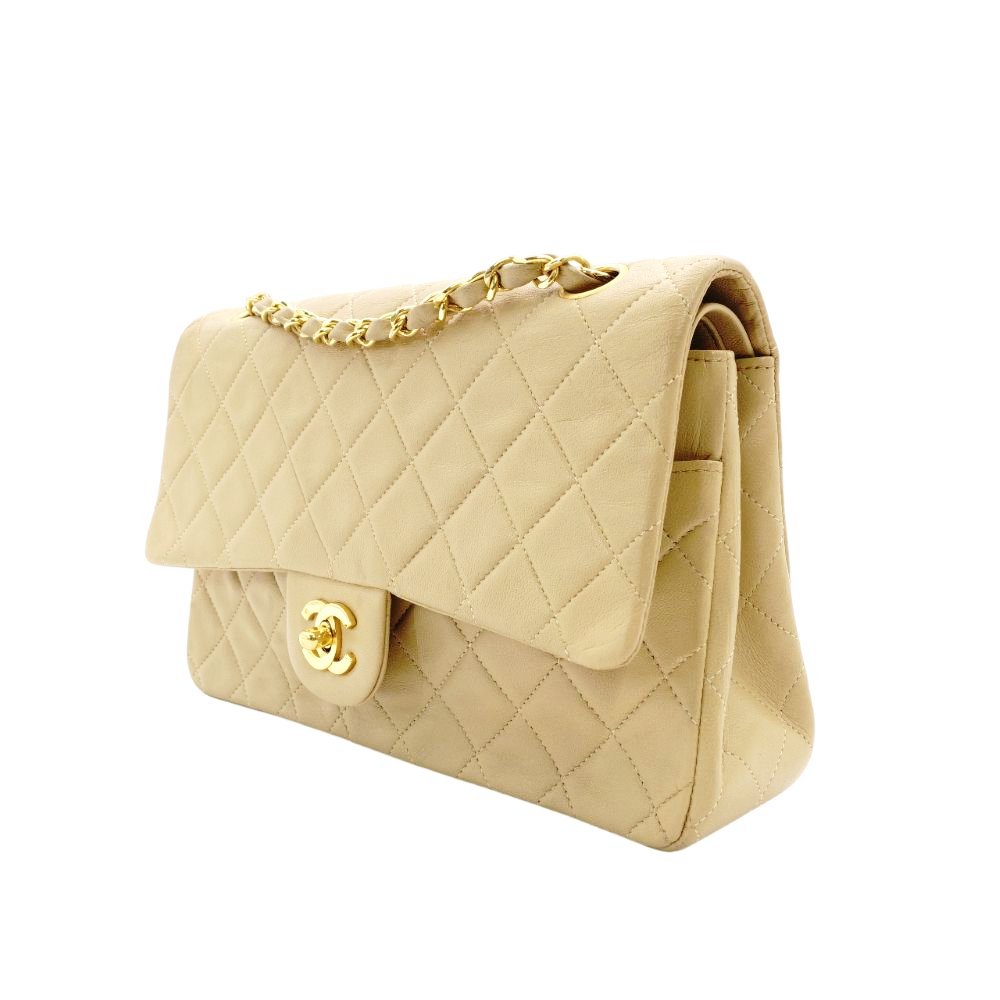 CHANEL Matelassé Double Flap Medium Size Beige Chain Shoulder Bag Leather Lambskin Gold Hardware 7-12-005