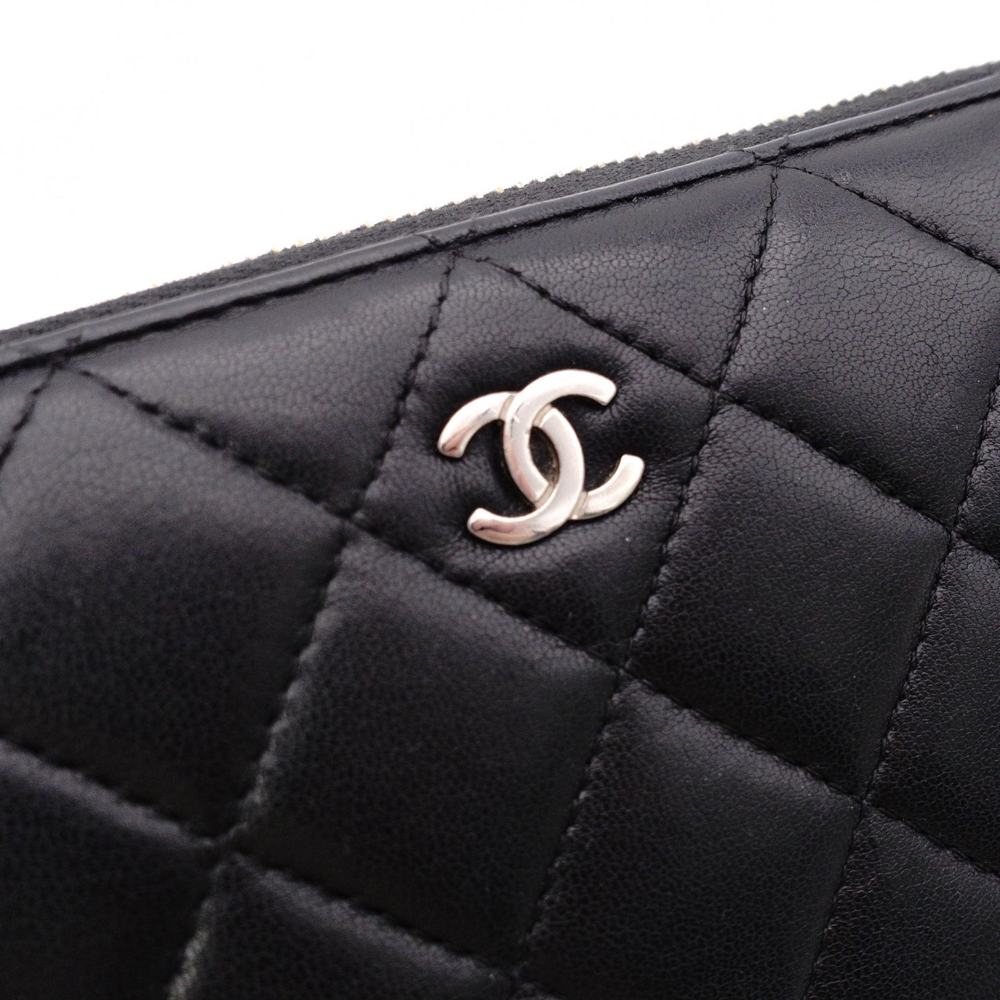 CHANEL Lambskin Coco Logo Matelassé Long Wallet, Leather, Black, Pull (Non-Genuine), Silver Hardware