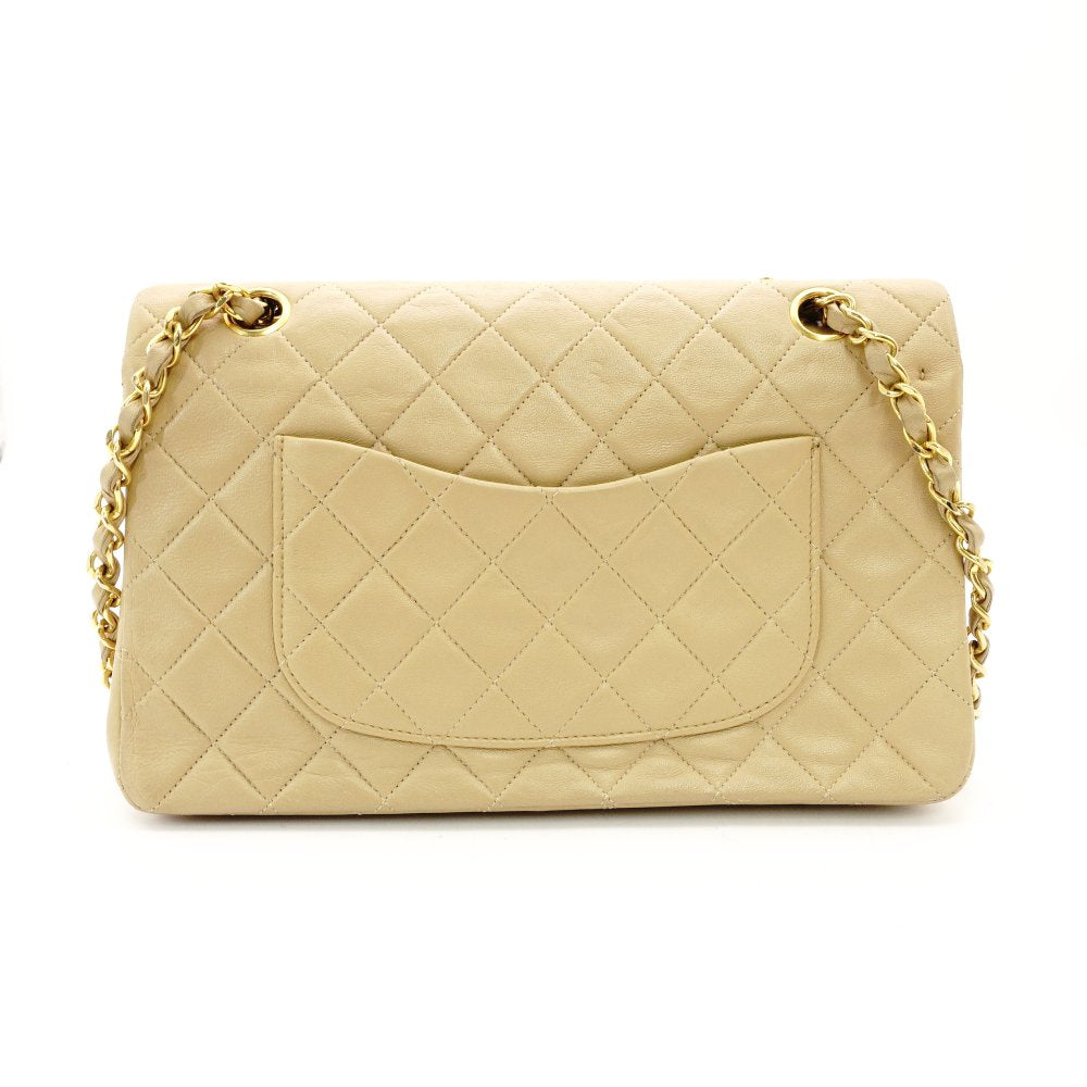 CHANEL Matelassé Double Flap Medium Size Beige Chain Shoulder Bag Leather Lambskin Gold Hardware 7-12-005