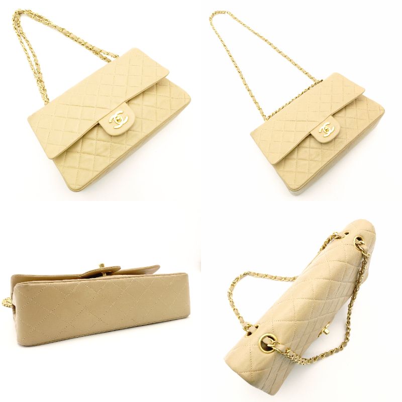 CHANEL Matelassé Double Flap Medium Size Beige Chain Shoulder Bag Leather Lambskin Gold Hardware 7-12-005