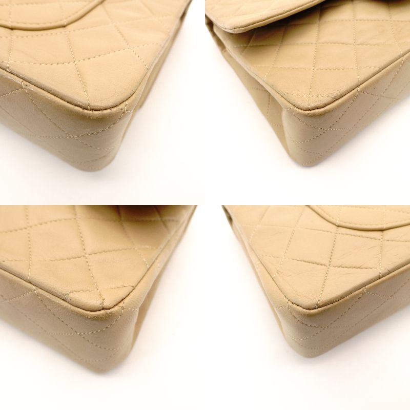 CHANEL Matelassé Double Flap Medium Size Beige Chain Shoulder Bag Leather Lambskin Gold Hardware 7-12-005