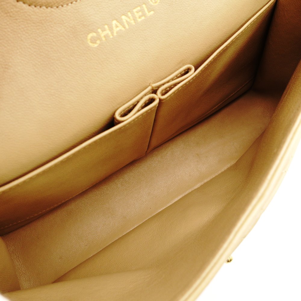 CHANEL Matelassé Double Flap Medium Size Beige Chain Shoulder Bag Leather Lambskin Gold Hardware 7-12-005