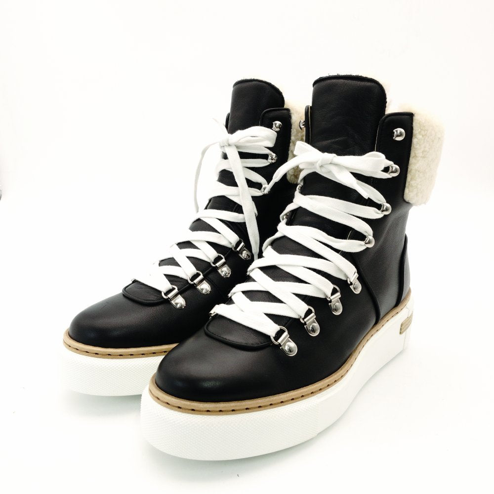 HERMES Flocon Ankle Boots Mouton Leather Mid Boots Black × Beige Size 37 Sneakers R801024