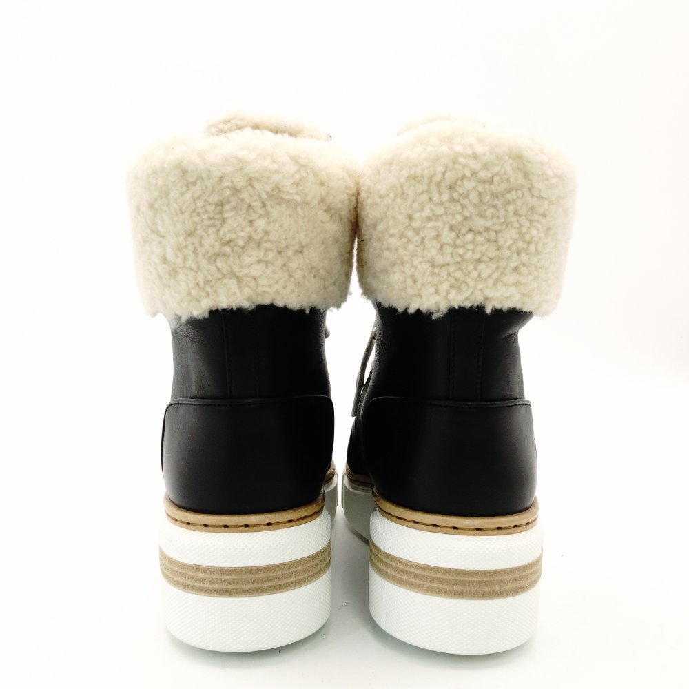 HERMES Flocon Ankle Boots Mouton Leather Mid Boots Black × Beige Size 37 Sneakers R801024