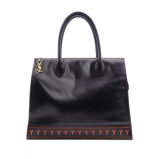 YVES SAINT LAURENT Y-Cutout Tote Bag, Leather, Black and Orange, Vintage, Women's