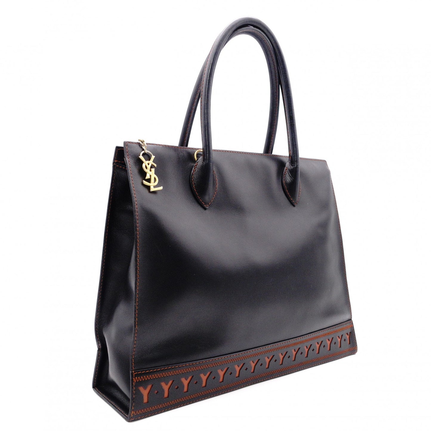 YVES SAINT LAURENT Y-Cutout Tote Bag, Leather, Black and Orange, Vintage, Women's