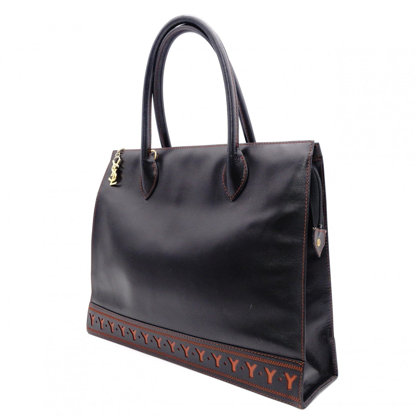 YVES SAINT LAURENT Y-Cutout Tote Bag, Leather, Black and Orange, Vintage, Women's