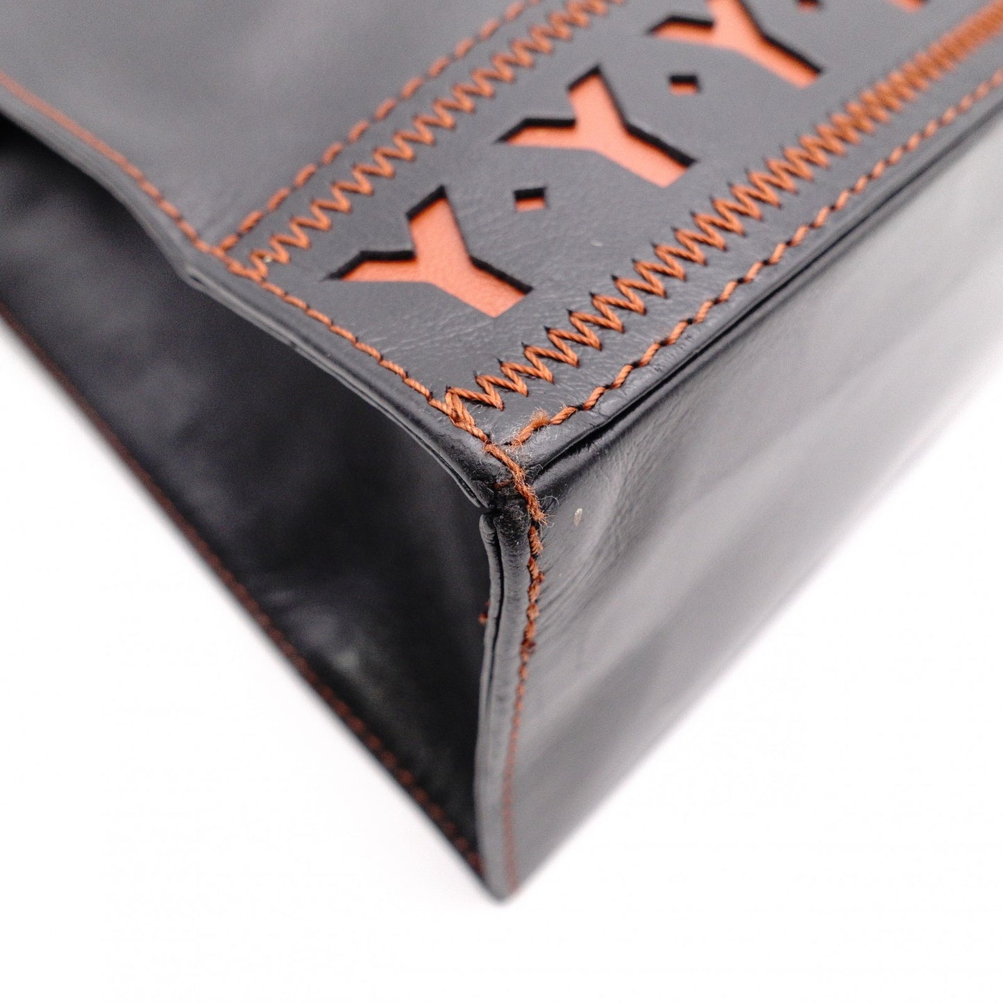 YVES SAINT LAURENT Y-Cutout Tote Bag, Leather, Black and Orange, Vintage, Women's