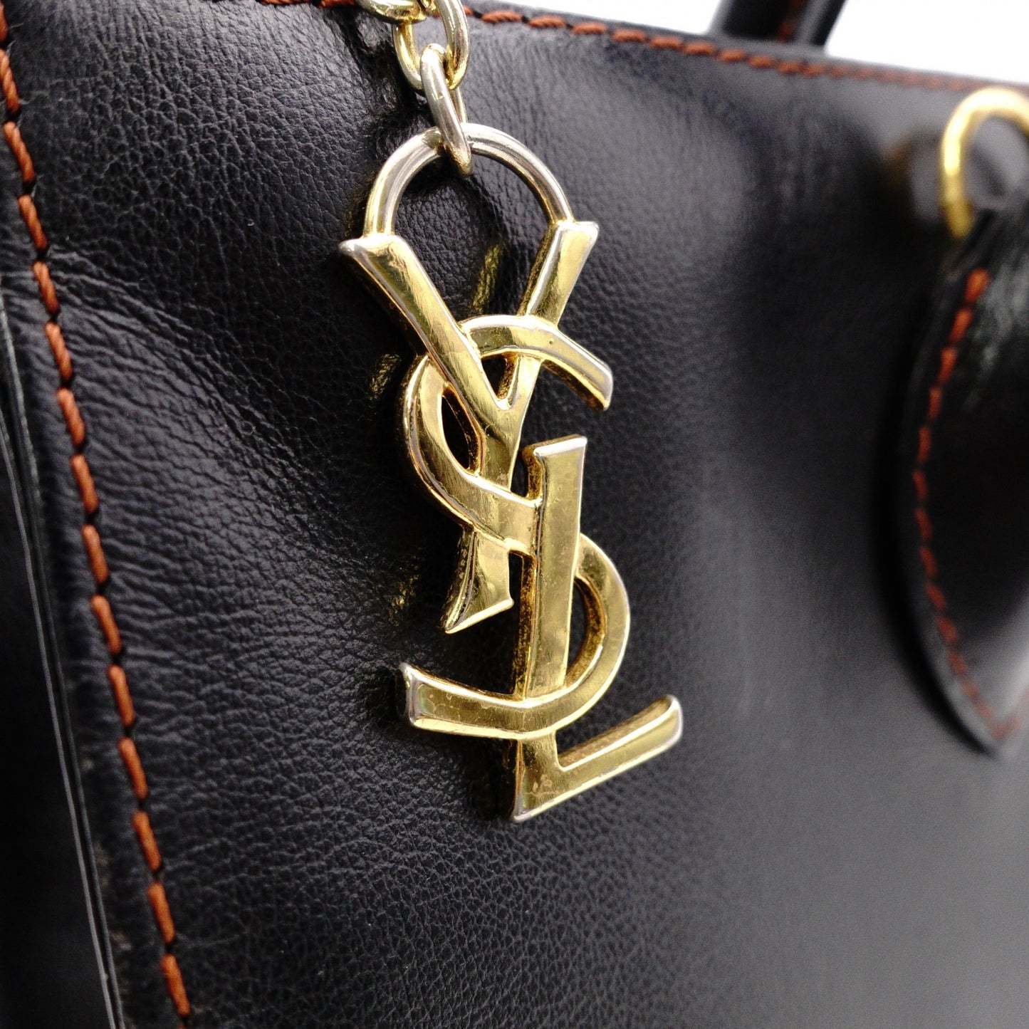 YVES SAINT LAURENT Y-Cutout Tote Bag, Leather, Black and Orange, Vintage, Women's