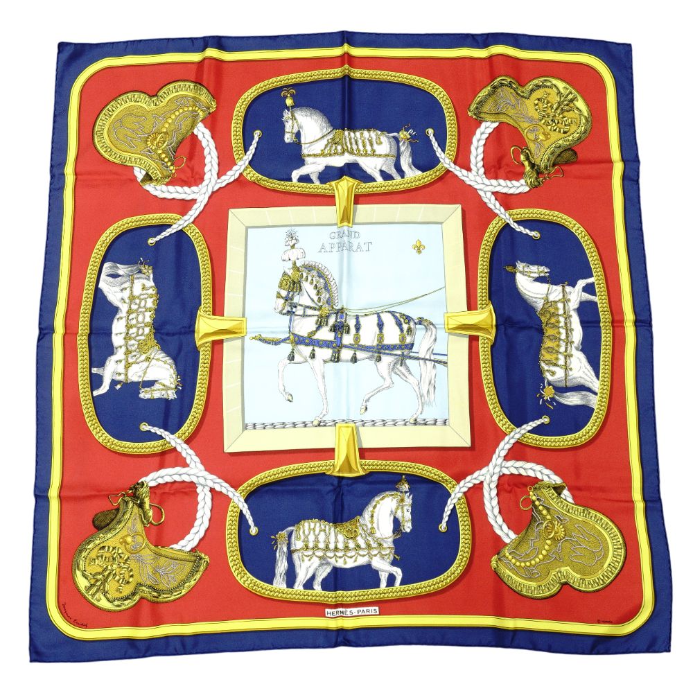 HERMES Carré 90 Grand Apparat Dressed Horses Navy-toned 100% Silk Boxed Scarf Stole 7-10-635