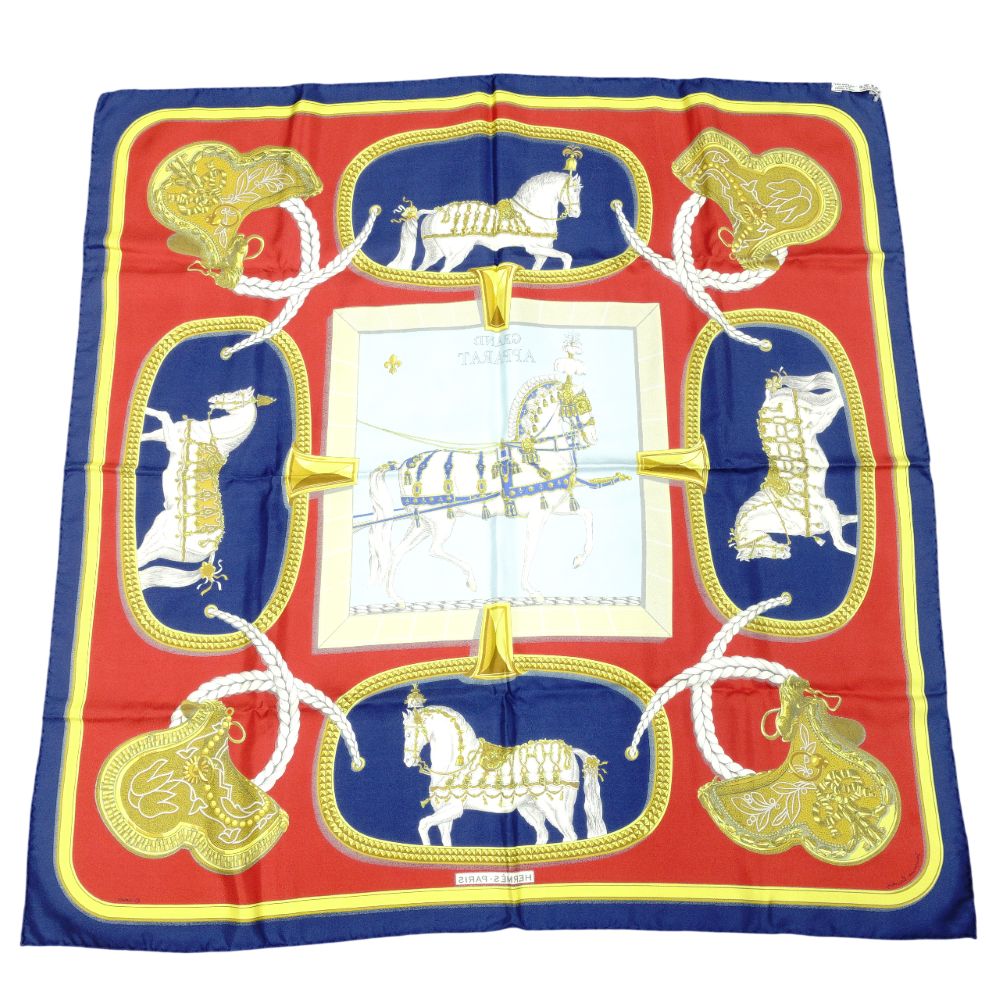 HERMES Carré 90 Grand Apparat Dressed Horses Navy-toned 100% Silk Boxed Scarf Stole 7-10-635