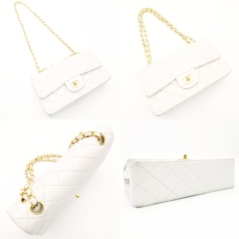 CHANEL Matelassé Double Flap Chain Shoulder Bag White Lambskin Leather Gold Hardware 7-12-331
