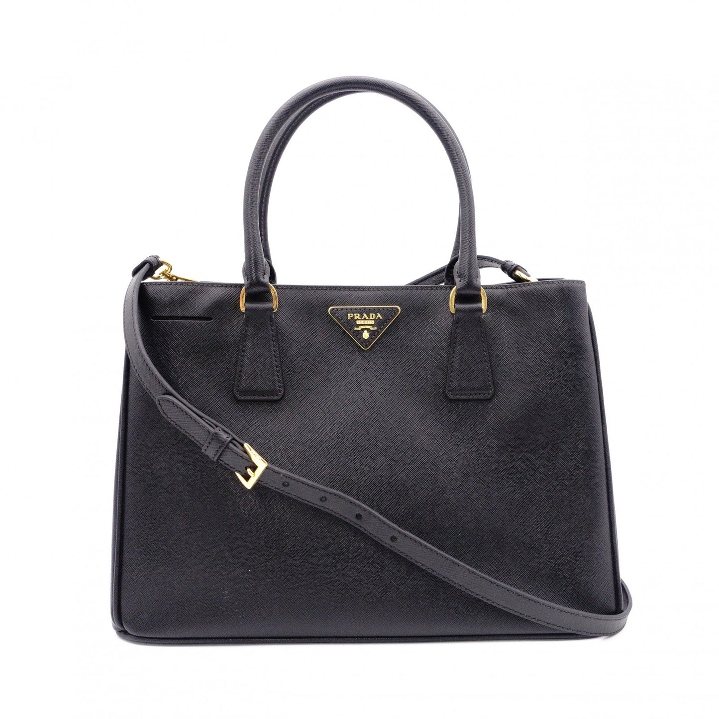 PRADA Galleria Saffiano Lux Handbag, Leather, Black, 2-Way, Gold Hardware, Crossbody