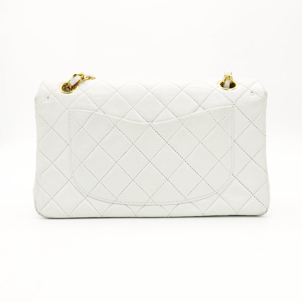 CHANEL Matelassé Double Flap Chain Shoulder Bag White Lambskin Leather Gold Hardware 7-12-331