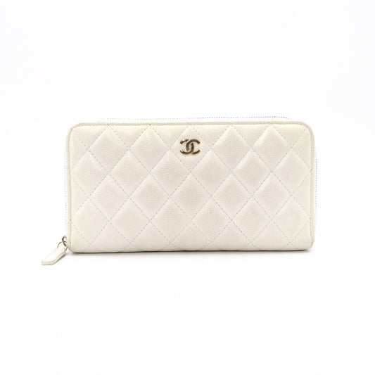 CHANEL Matelassé Long Wallet, Caviar Leather, White with Gold Hardware