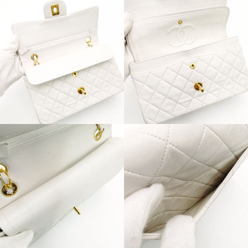 CHANEL Matelassé Double Flap Chain Shoulder Bag White Lambskin Leather Gold Hardware 7-12-331