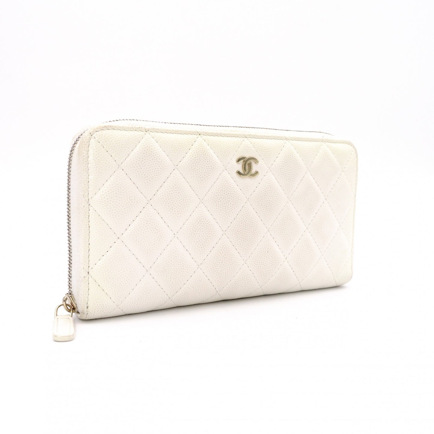 CHANEL Matelassé Long Wallet, Caviar Leather, White with Gold Hardware