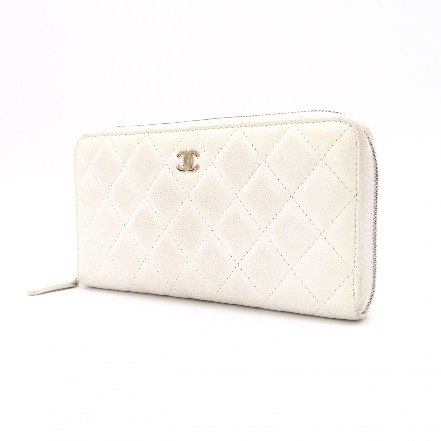 CHANEL Matelassé Long Wallet, Caviar Leather, White with Gold Hardware