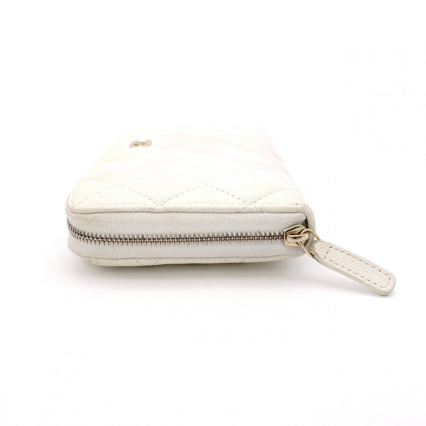 CHANEL Matelassé Long Wallet, Caviar Leather, White with Gold Hardware