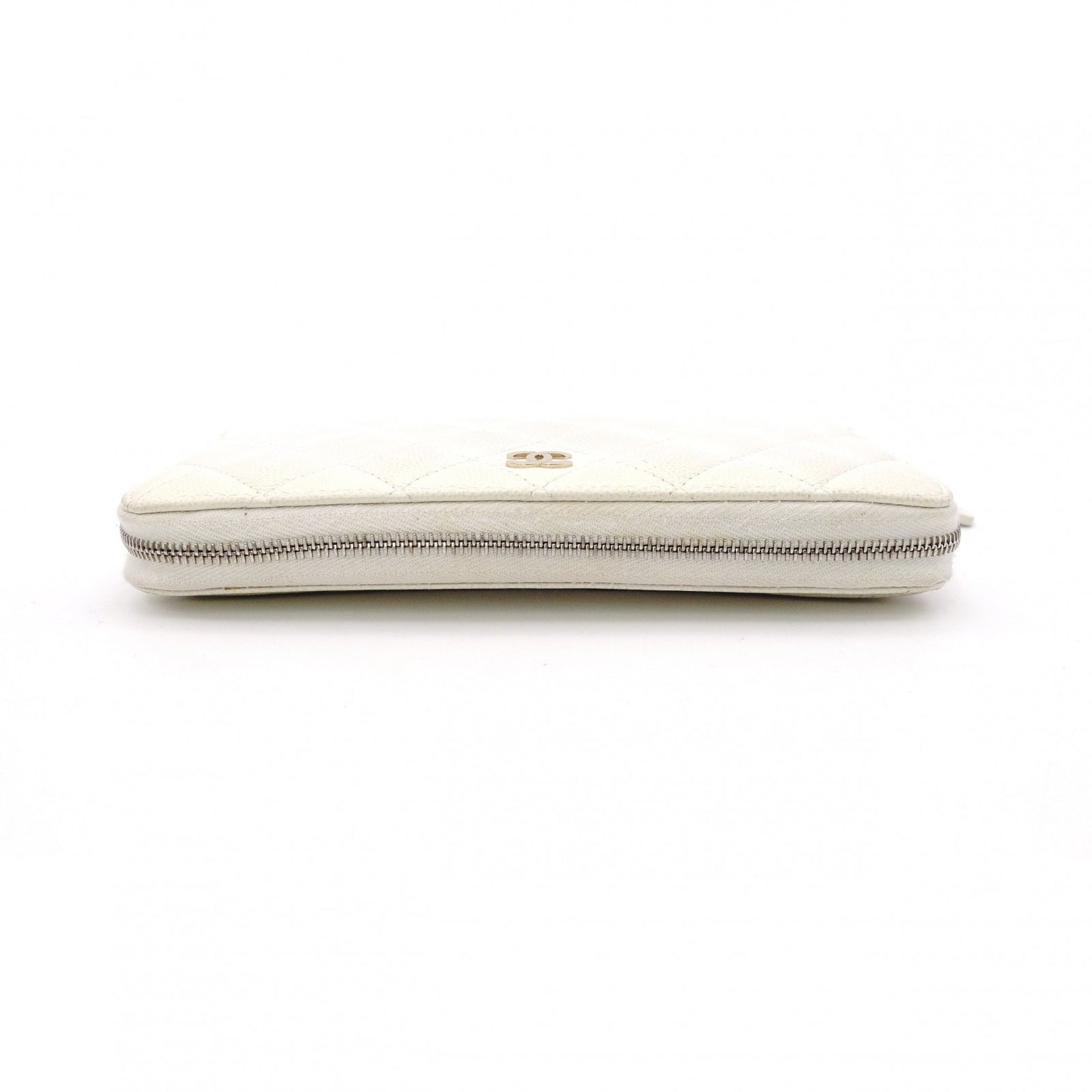 CHANEL Matelassé Long Wallet, Caviar Leather, White with Gold Hardware